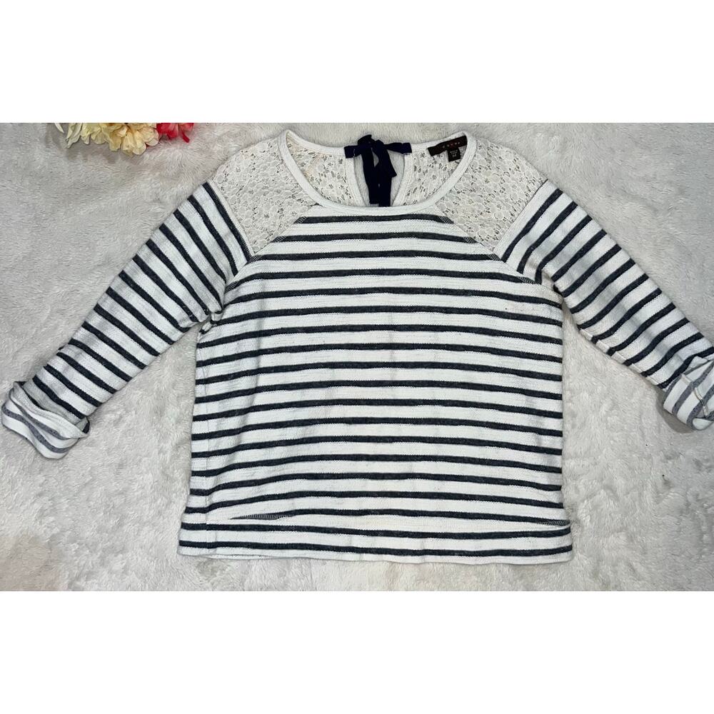 Fever Striped Long Sleeve Knit Top Lace Yoke Casual Nautical Size Medium Boho